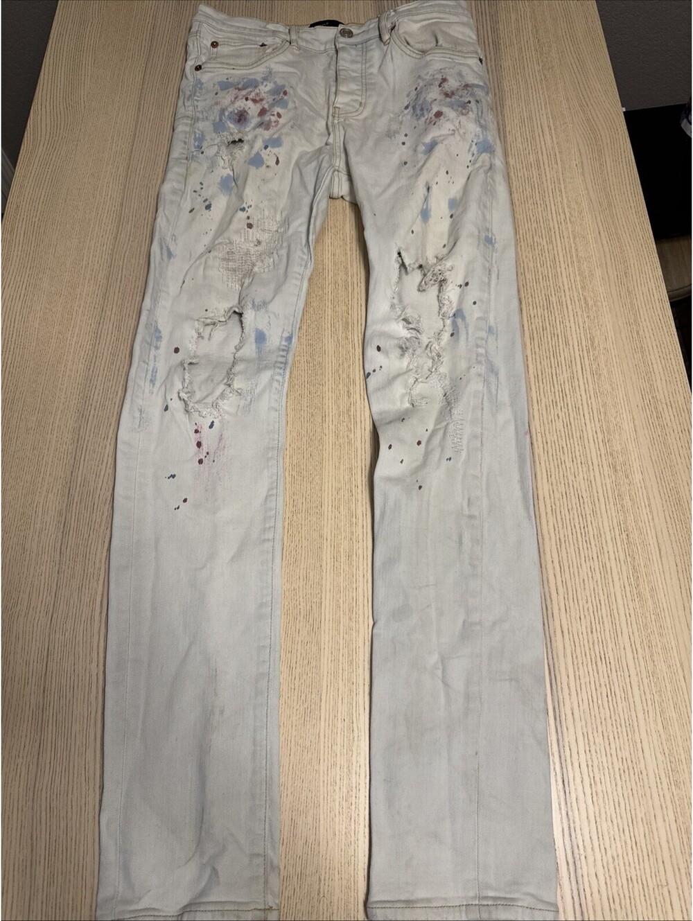 Purple Brand P001 Light Indigo Paint Blowout Skinny Jeans Distressed Size 31